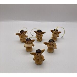 Vintage Mini Wooden Angel With Musical Instruments Christmas Ornaments Set of 6